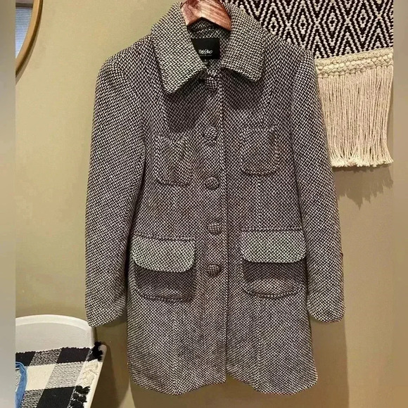 MOSSIMO VINTAGE HOUNDSTOOTH TWEED BLACK AND WHITE WOOL TRANCH COAT SIZE S - Picture 1 of 4